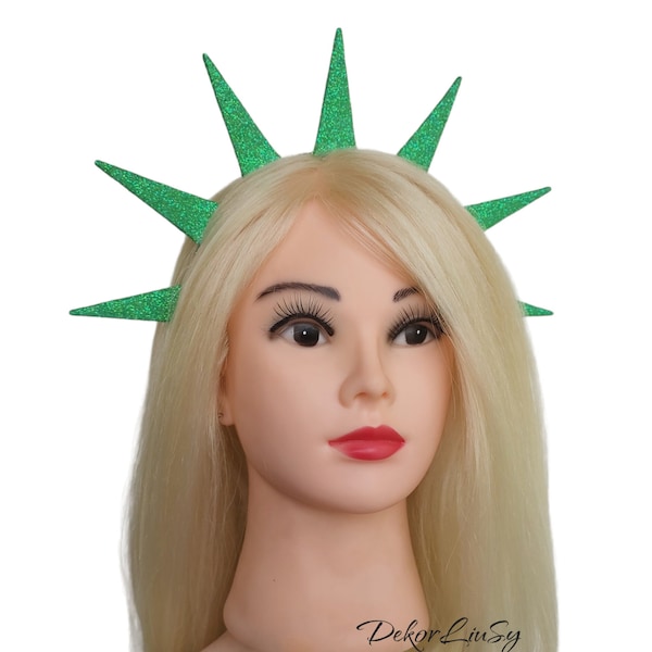 Statue Liberty Krone Lady Liberty Glitzer Stirnband Grün Spikes Halo patroitisches Kostüm