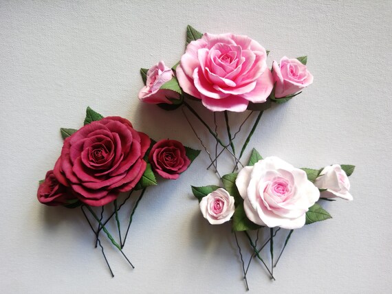 Rose Hair Pins Fall Realistic Burgundy Rose Bridal Flower Hair Etsy
