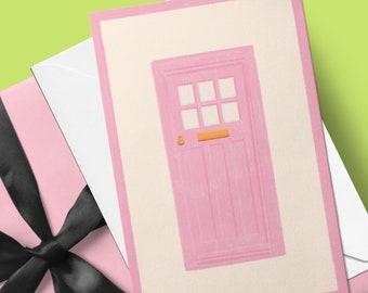 New Home Greeting Card | Moving House Greetings Card | Hand Illustrated Cards | Card for a Friend Moving House | Cute Pink Door Card