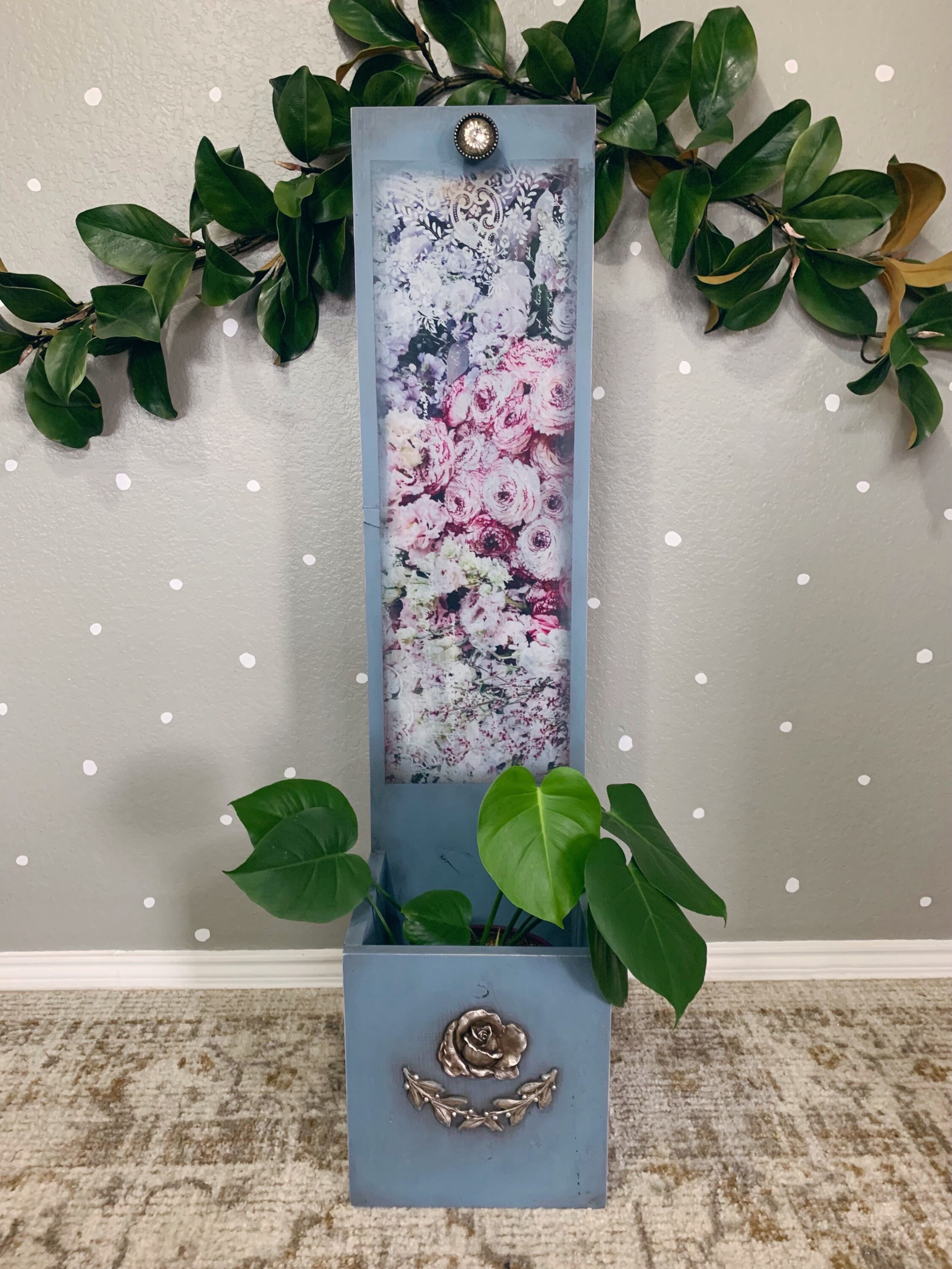 Elegant Rustic Dusty Blue Planter Box with Floral and Metallic Etsy