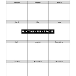Può includere: Un calendario stampabile in bianco e nero con il titolo "Panoramica annuale". Il calendario è diviso in dodici mesi, con una casella per ogni mese. I mesi sono gennaio, febbraio, marzo, aprile, maggio, giugno, luglio, agosto, settembre, ottobre, novembre e dicembre. Il testo "STAMPABILE - PDF - 9 PAGINE" è in fondo al calendario.