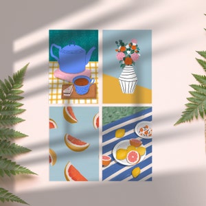 Sunlit Stories, Gouache Postkarten Set von 4 oder 8, Geschenk für Brieffreund, Postcrossing, und Kunstdrucke, illustrierte Früchte, Bücher, Tee Postkarten