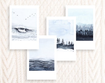 Ensemble de cartes postales Souvenirs d’hiver | Ensemble de 4 ou 8 cartes postales | Cartes de paysage d’hiver à l’aquarelle | Carte de notes imprimée neige | Art de la nature aquarelle