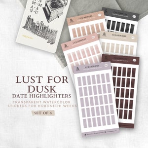 Juego de hojas adhesivas con tapas de fecha y semanas de Hobonichi con lavado de color Lust for Dusk / Pegatinas para planificador / Resaltadores adhesivos / Tapas de fecha transparentes