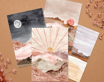 Conjunto de 4 ou 8 cartões postais com paisagens desérticas | Arte da natureza em aquarela | Decoração Boho | Cartões postais com paisagens | Cartões com estampas desérticas | Mini impressão artística