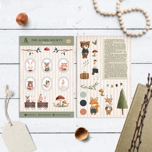 Hojas de pegatinas de The Acorn Society / Pegatinas de animales del bosque / Pegatinas de papel mate para diario / Papelería cottagecore, regalo para ella