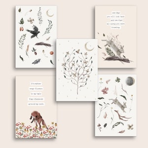 Set di cartoline Woods di Storybook, set di 5 o 10 cartoline, mini stampe illustrate, set di mini stampe Wall Art, cartoline di animali del bosco, citazioni