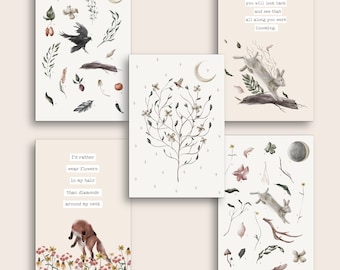 Ensemble de cartes postales livre de contes en bois, lot de 5 ou 10 cartes, mini impressions illustrées, ensemble de mini impressions d'art mural, cartes postales d'animaux de la forêt, citations