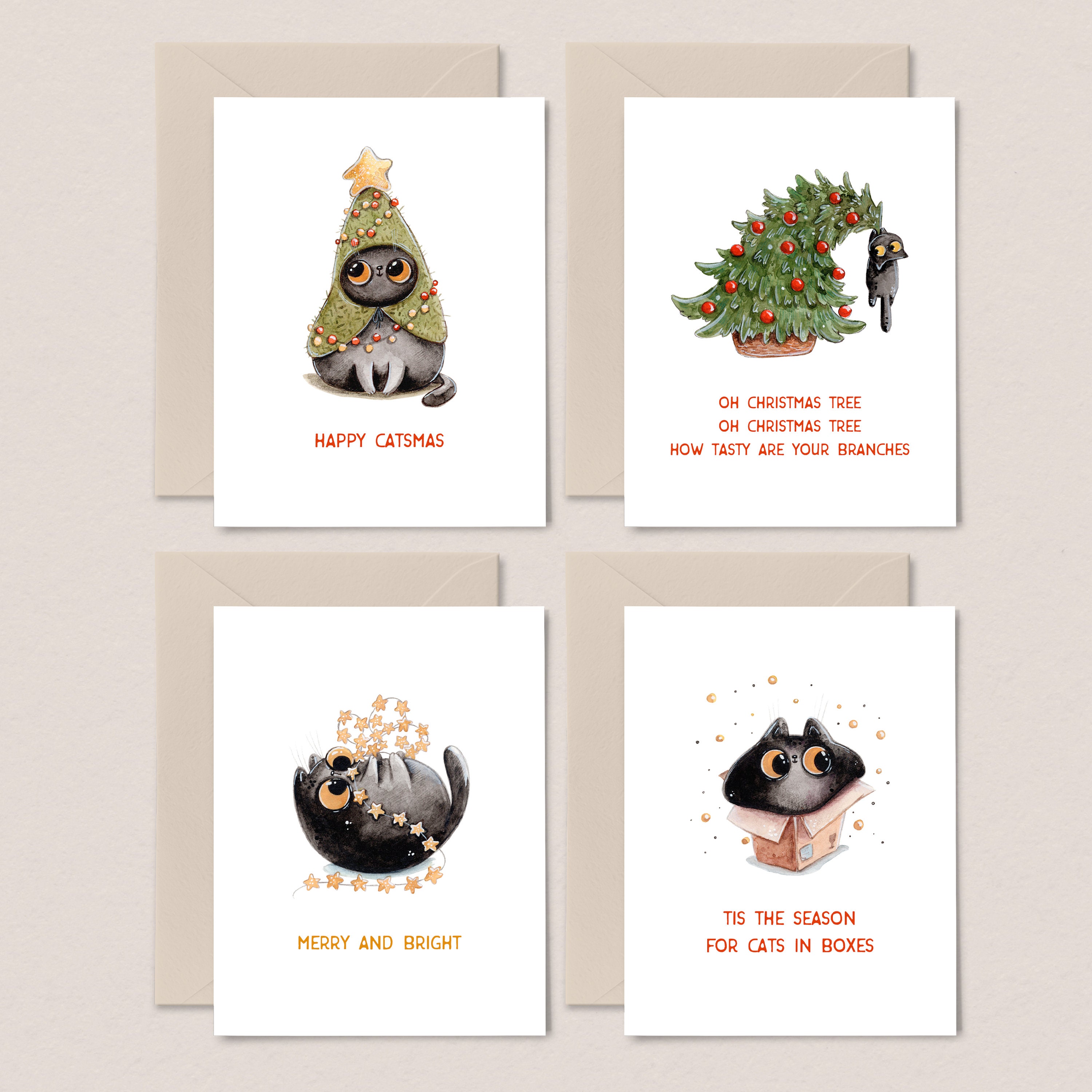 Funny Cat Christmas Card Set | Watercolor Holiday Cards With Cats - Etsy