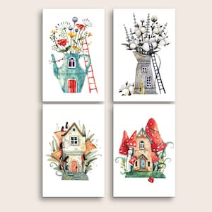 Collection de cartes postales Autumn Land of Enchantment, lot de 4 ou 8 cartes, lot de mini impressions illustrées, lot de cartes postales illustrées maison de fée