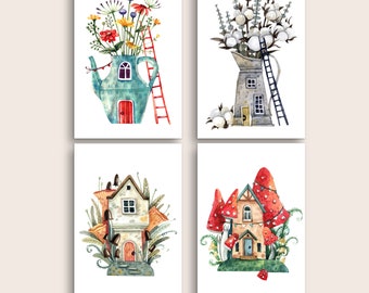 Autumn Land of Enchantment Postcard Collection, Set of 4 or 8 Postcards, Illustrated Mini Prints Set, Fairy House Illustrated Postcard Set