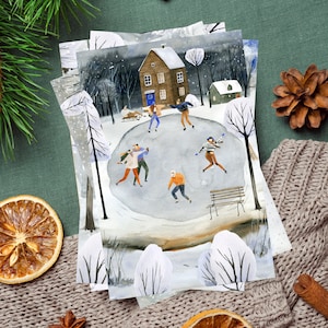 Spaziergang im Schnee Postkarten Set | Weihnachtspostkarten 4er oder 8er Set | Malerische Winter Postkarten | verschneite Stadt-Karten