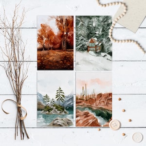 Lot de 4 ou 8 cartes postales aquarelles paysages saisonniers – Art automne, hiver, printemps et été – Papeterie nature pittoresque pour toutes les occasions