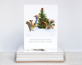 Coffret de 8 cartes de Noël écureuil | Jeu de cartes de Noël écureuil, coffret illustré à l'aquarelle, jeux de mots rigolos pour les fêtes