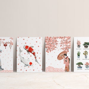 Coleção de cartões postais Tea Garden, conjunto de 4 ou 8 cartões postais | Cartões postais de gueixas | Japão | Arte japonesa | Koi Fish Watercolor Sakura | Mini impressão
