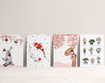 Tea Garden Postcard Collection, Set of 4 or 8 Postcards | Geisha Postcards | Japan | Japanese Art | Koi Fish Watercolor Sakura | Mini Print