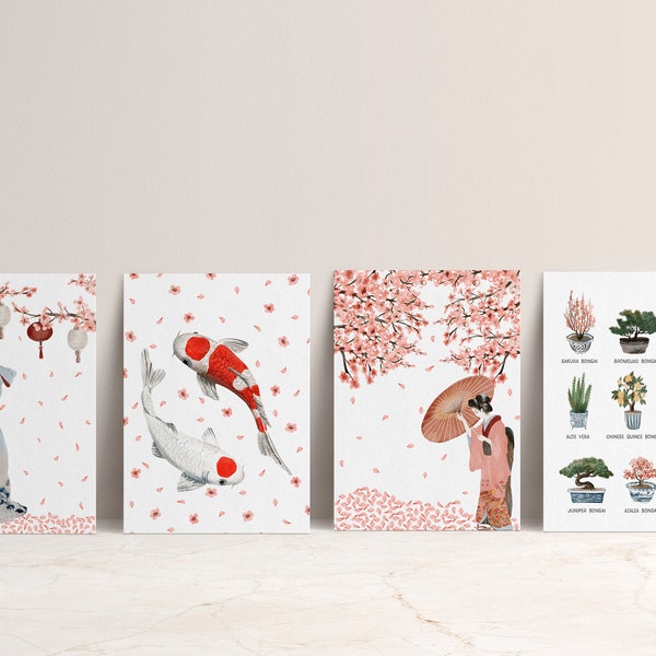 Tea Garden Postcard Collection, Set of 4 or 8 Postcards | Geisha Postcards | Japan | Japanese Art | Koi Fish Watercolor Sakura | Mini Print
