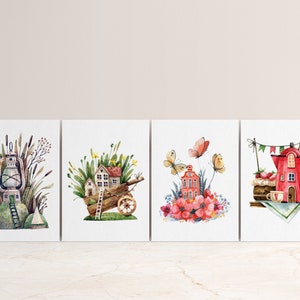 Coleção de cartões postais Summer Land of Enchantment, conjunto de 4 ou 8 | Conjunto de cartão postal | Postais da Natureza | Casas de fadas ilustradas | Miniimpressões