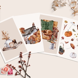 Cottage Ernte Herbst Postkarten-Set 4 oder 8 Postkarten | Herbst Postkarten | Cottagecore ästhetik Grußkarten | Aquarell Pilz und Kürbis