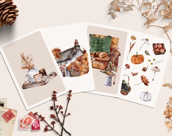 Cottage Ernte Herbst Postkarten-Set 4 oder 8 Postkarten | Herbst Postkarten | Cottagecore ästhetik Grußkarten | Aquarell Pilz und Kürbis