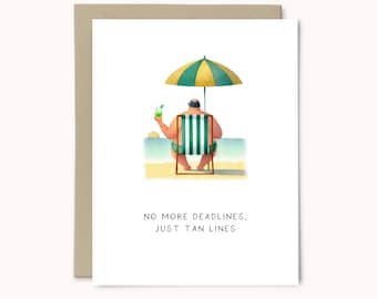 Divertente biglietto di auguri per il pensionamento di un collega: biglietto di auguri per una vacanza in spiaggia tropicale