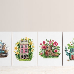 Colección de postales Spring Land of Enchantment, conjunto de 4, impresiones ilustradas, postales de la casa de hadas, regalo de papelería