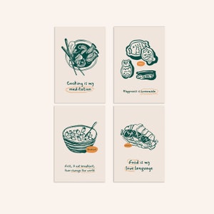 Set di cartoline sulla filosofia alimentare - Set verde / Cartoline alimentari illustrate / Stampe d'arte astratta / Regalo per buongustai / Regalo di penna postcrossing