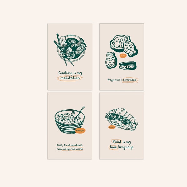 Food Philosophy Postcard Set - Green Set |  Illustrated Food Postcards | Abstract Art Prints | Gift for Foodie | Postcrossing Penpal Gift