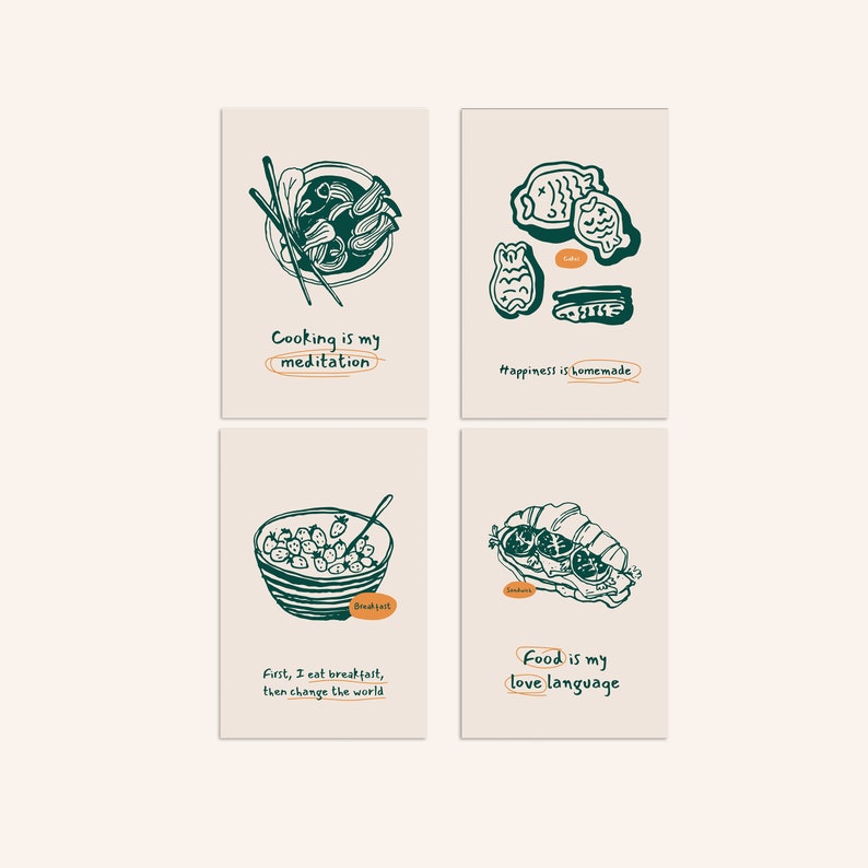 Food Philosophy Postcard Set Green Set Illustrated Food Postcards Abstract Art Prints Gift for Foodie Postcrossing Penpal Gift image 1