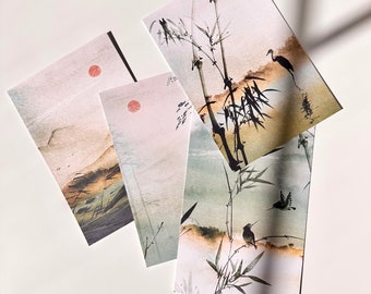 Zen Postcard Set | Watercolor Art Mini Prints | Sumi-e Ink Art | Aesthetic Postcards | Pen Pal Art Gift | Small Art Print | Japanese Art