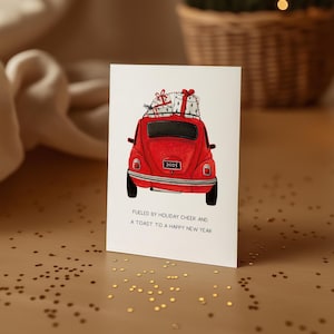 Carte aquarelle festive de Noël et du nouvel an de Zazzle.be Liste d'envies Créez un Magasin Vous avez des idées ? pour les Fêtes, une voiture ancienne et des cadeaux | Cartes vierges pliées