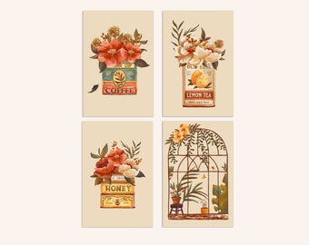Collection de cartes postales Sonnets en boîte de conserve | Ensemble de cartes postales d’inspiration vintage de 4 ou 8| Mini-impression d’art | Bouquet floral nostalgique en boîtes cadeau artistique