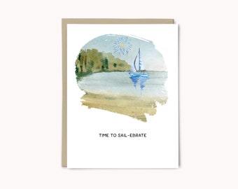 Time to Sail-ebrate Watercolor Birthday Card | Watercolor Sailboat Celebration Card for Him |  Nautical Watercolor Birthday Card