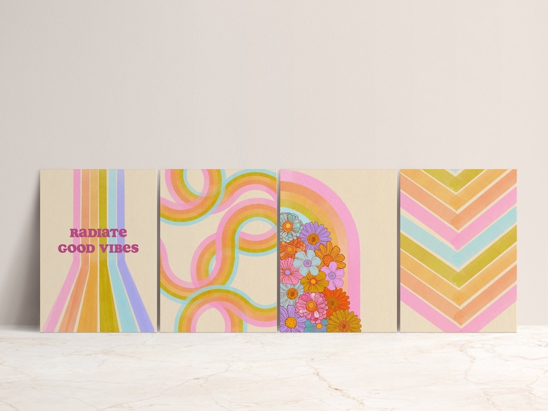 Cool to be Kind Postcard Set Retro Postcards Pride Postcards Flower Power Rainbow Groovy Prints Abstract Flower Art Art for Good image 1