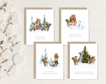 Jeu de cartes de Noël écureuil roux, coffret illustré à l'aquarelle, jeux de mots drôles de cartes de voeux pour les fêtes, lot de 4 cartes de Noël écureuil