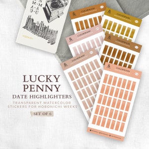 Juego de hojas adhesivas con tapas de fecha y semanas de Hobonichi con lavado de color de Lucky Penny, pegatinas para planificador, resaltadores adhesivos y tapas de fecha transparentes