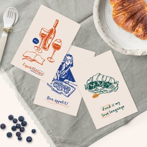 Lot de cartes postales Philosophie culinaire - Collection complète | Cartes postales illustrées de nourriture | Impressions d'art abstrait | Cadeau pour gourmets | Post-traversée