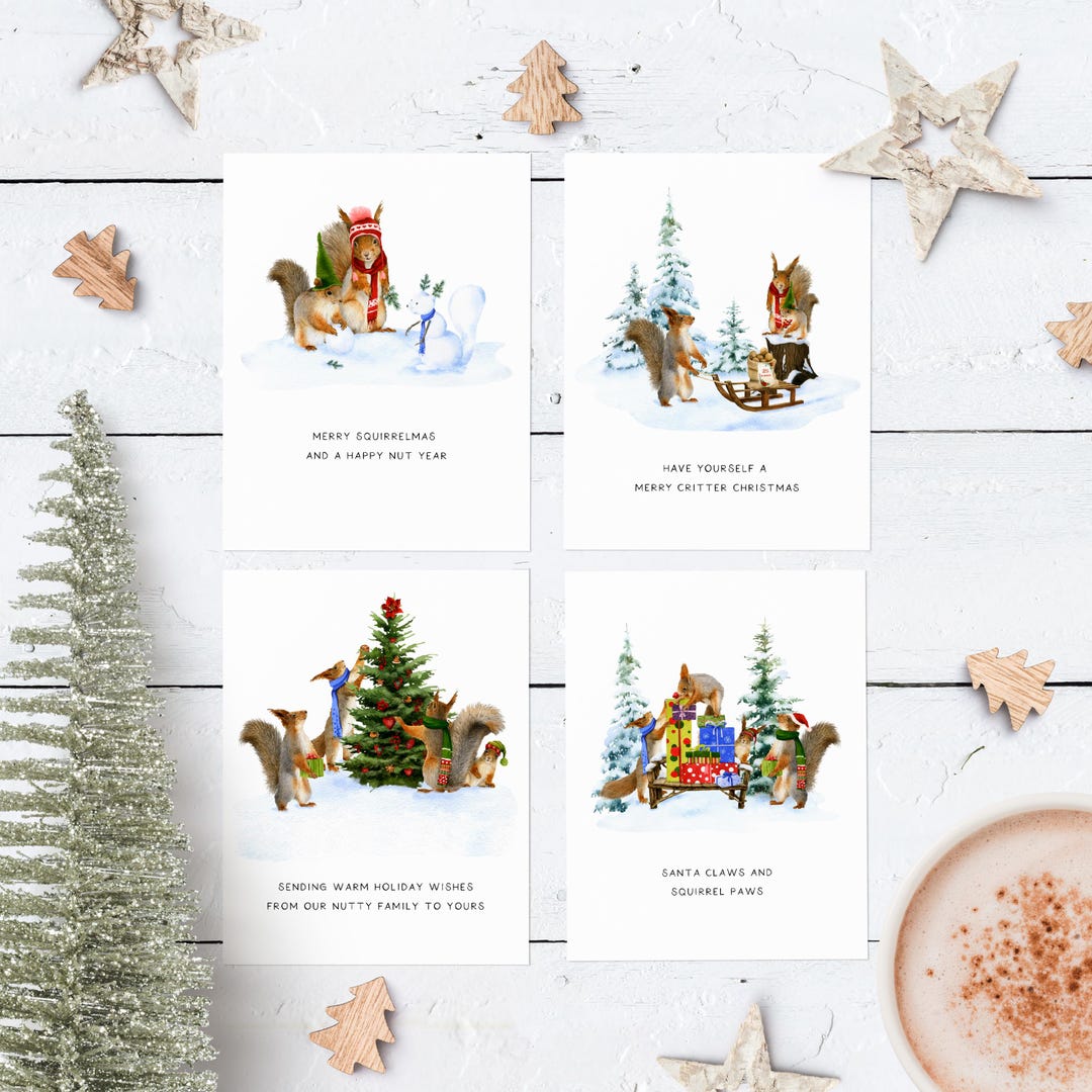 Squirrel Christmas Card Set | Funny Woodland Holiday Greeting Cards - Etsy
