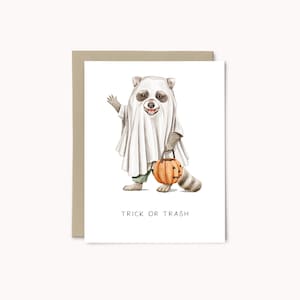 Carte fantôme raton laveur d'Halloween - Des bonbons ou un sort - Carte de voeux amusante pour Halloween - Cadeau pour les amoureux des animaux