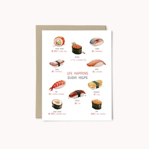 vida acontece, o sushi ajuda o incentivo cartão comemorativo | Cartão de Apoio | cartão de autocuidado | Cartão de saúde mental | Cartão motivacional | Cartão Sushi