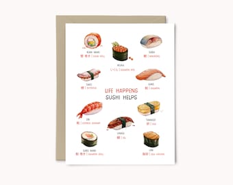 vida acontece, o sushi ajuda o incentivo cartão comemorativo | Cartão de Apoio | cartão de autocuidado | Cartão de saúde mental | Cartão motivacional | Cartão Sushi