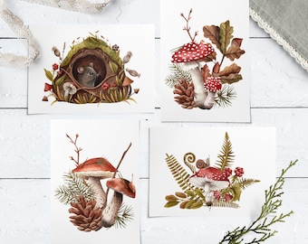 Botanica e Fungi, Conjunto de Cartões Postais, Conjunto de 4 ou 8 | Cartões Postais de Cogumelos | Goblincore | Decoração de Cogumelos | Arte da Natureza | Cartões Postais com Estampas de Cogumelos