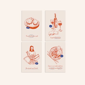 Food Philosophy Postkarten Set - Rotes Set | Illustrierte Lebensmittel Postkarten | Abstrakte Kunstdrucke | Geschenk für Foodie | Postcrossing Penpal Geschenk