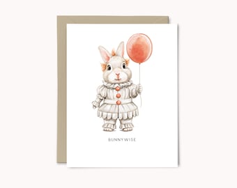 Bunnywise Clown Halloween Card | Cute Clown Rabbit Just Because Card | Blank Holiday Card | Set of 4 or 8 or Single | Halloween Gift