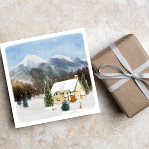 Snowy Cottage Aquarell Weihnachtskarte, quadratische flache Feiertags-Grußkarten-Set, Luxus-Weihnachtskarte, skandinavisch inspirierte Geschenkkarte