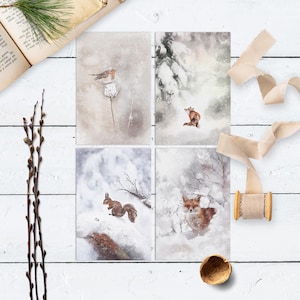 Conjunto de cartões postais de animais da floresta com 4 ou 8 | Arte da natureza em aquarela | Decoração caprichosa | Pacote de cartões postais de esquilo, raposa e pássaro | Impressões florestais