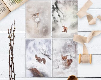 Postales de animales del bosque en acuarela: ardilla de invierno, zorro, pájaro y arte forestal.