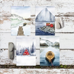Cosy Winter Retreat ansichtkaarten set van 4 of 8 | Aquarel meer natuurkunst | Ansichtkaarten landschap | Notitiekaarten met bergprint | Minikunstafdruk
