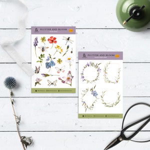 Watercolor Floral Insect Sticker Sheet: Washi Journal Planner Stickers