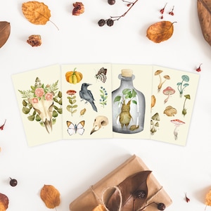 Conjunto de postales encantadas de 4 u 8 / Postales de Halloween de acuarela / Tarjetas de notas de amigos por correspondencia / Impresión de arte Witchcore / Paquete de postales para otoño